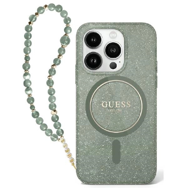Guess IML Glitter With Pearl Strap MagSafe case for iPhone 16 - green