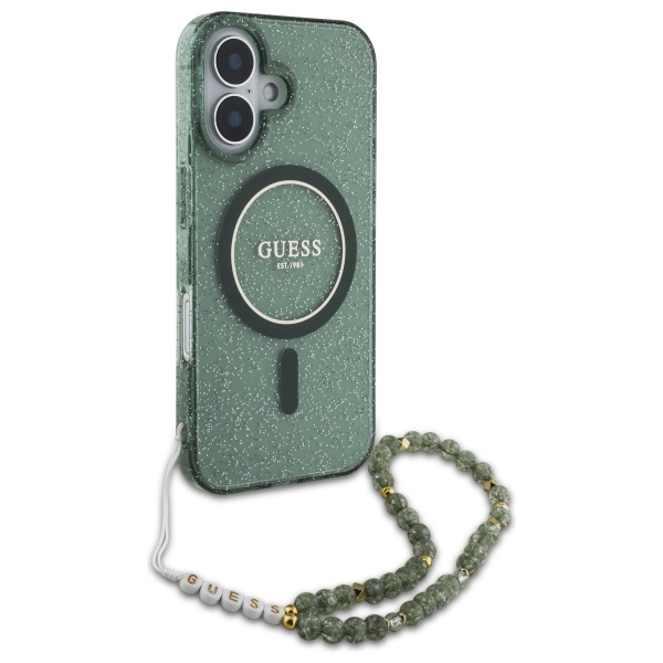 Guess iPhone 16 vāciņš IML Glitter With Pearl Strap MagSafe, zaļš