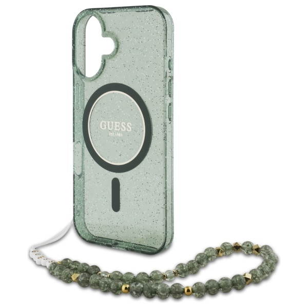 Guess iPhone 16 vāciņš IML Glitter With Pearl Strap MagSafe, zaļš