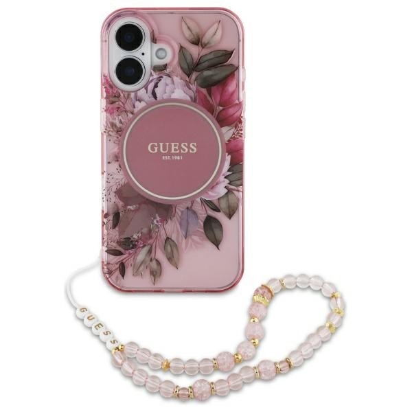 Чехол Guess IML Flowers With Pearl Strap MagSafe для iPhone 16 - розовый