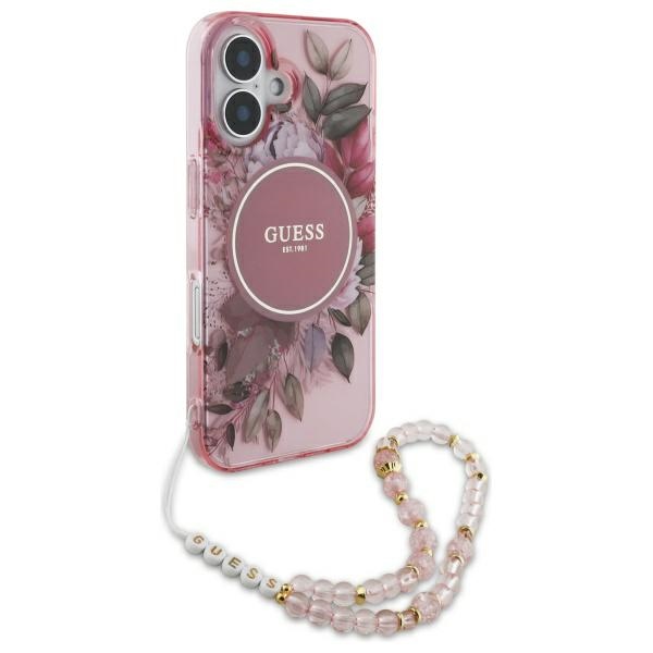 Чехол Guess IML Flowers With Pearl Strap MagSafe для iPhone 16 - розовый