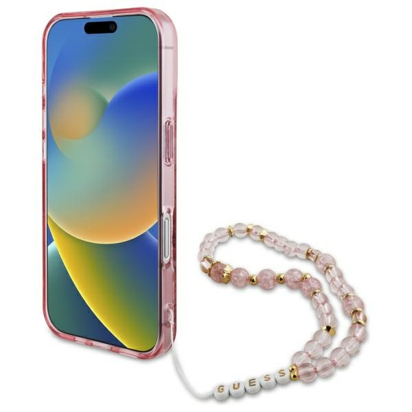 Чехол Guess IML Flowers With Pearl Strap MagSafe для iPhone 16 - розовый