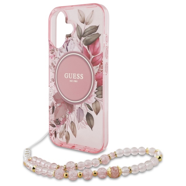 Чехол Guess IML Flowers With Pearl Strap MagSafe для iPhone 16 - розовый