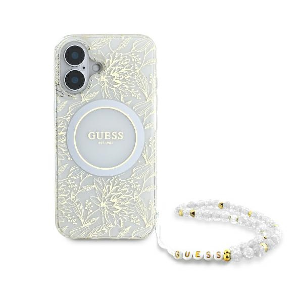Guess IML Flowers Allover Electro With Pearl Strap MagSafe чехол для iPhone 16 - белый