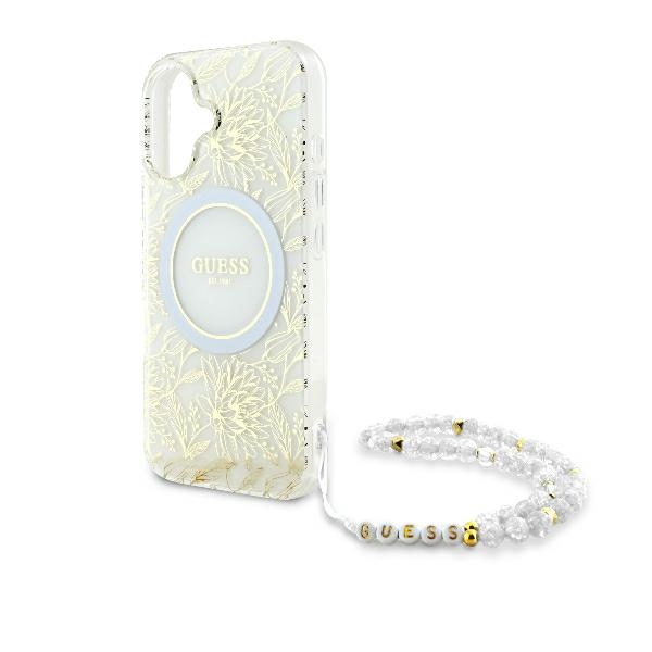 Guess IML Flowers Allover Electro With Pearl Strap MagSafe чехол для iPhone 16 - белый