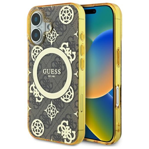 Guess iPhone 16 vāciņš IML Peony On 4G Background MagSafe, brūns