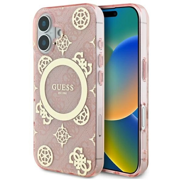 Guess IML Peony On 4G Background MagSafe iPhone 16 futrālis - Rozā krāsā | Case Pink