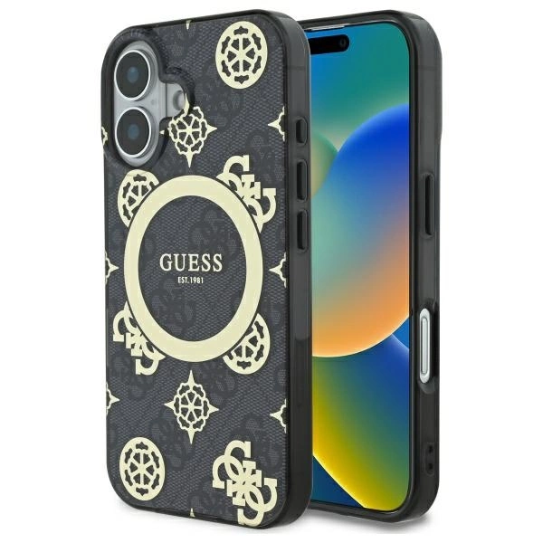 Guess iPhone 16 vāciņš IML Peony On 4G Background MagSafe, melns