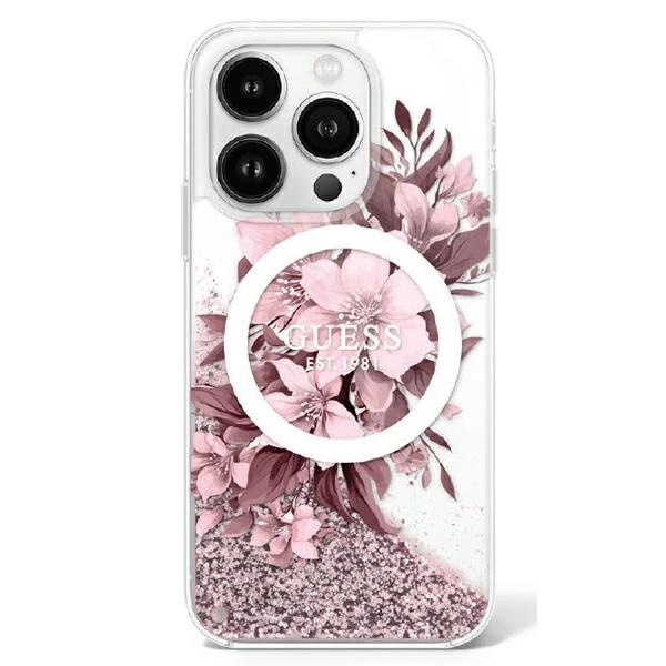 Guess Liquid Glitter Flower MagSafe apvalks iPhone 16 - rozā krāsā | Case Pink