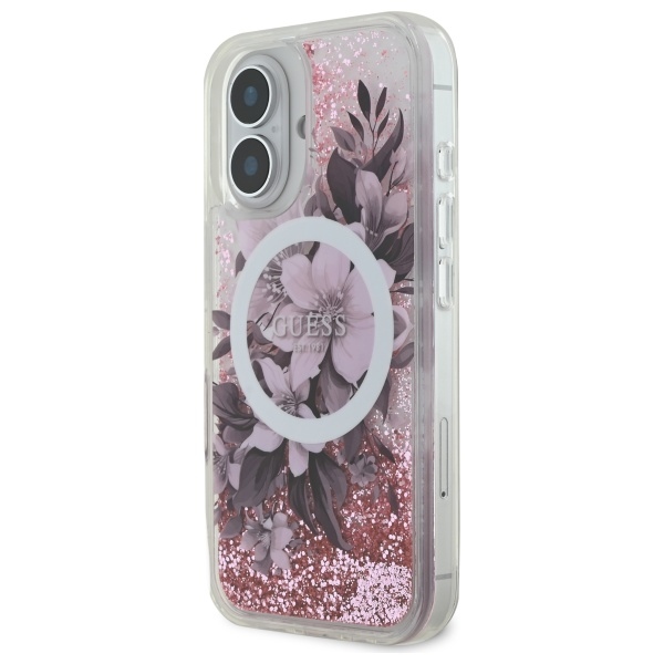 Чехол Guess Liquid Glitter Flower MagSafe для iPhone 16 - розовый