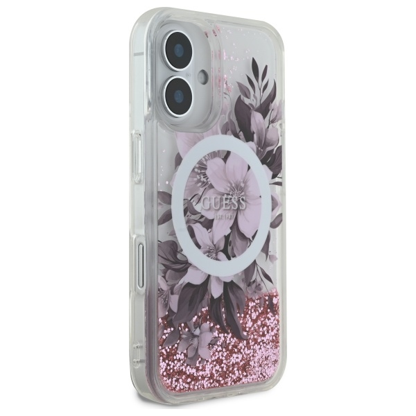 Чехол Guess Liquid Glitter Flower MagSafe для iPhone 16 - розовый