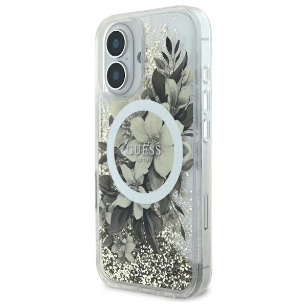 Guess iPhone 16 vāciņš Liquid Glitter Flower MagSafe, bēšs