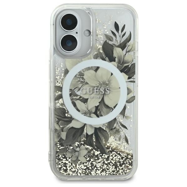 Guess iPhone 16 vāciņš Liquid Glitter Flower MagSafe, bēšs