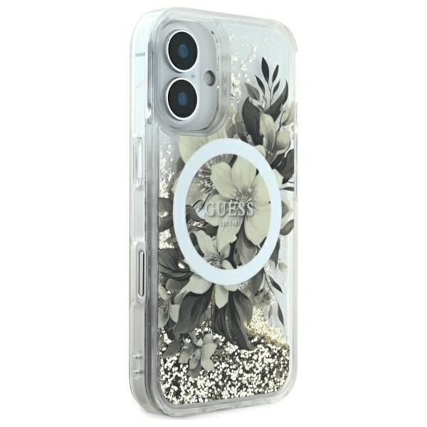 Guess iPhone 16 vāciņš Liquid Glitter Flower MagSafe, bēšs