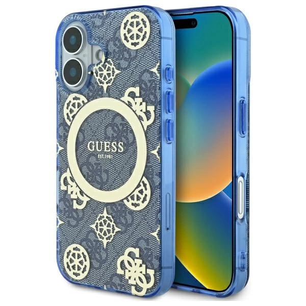 Guess iPhone 16 vāciņš IML Peony On 4G Background MagSafe, zils