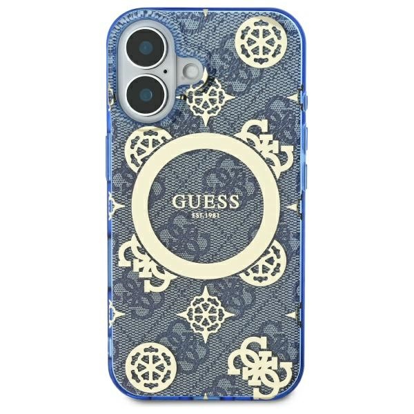 Guess iPhone 16 Case IML Peony On 4G Background MagSafe, Blue