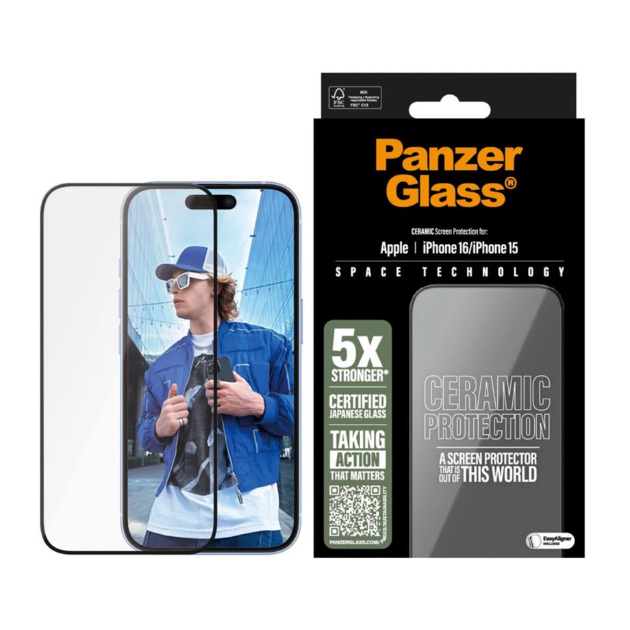 PanzerGlass iPhone 16 / 15 ekrāna aizsargstikls Ceramic Ultra-Wide Fit