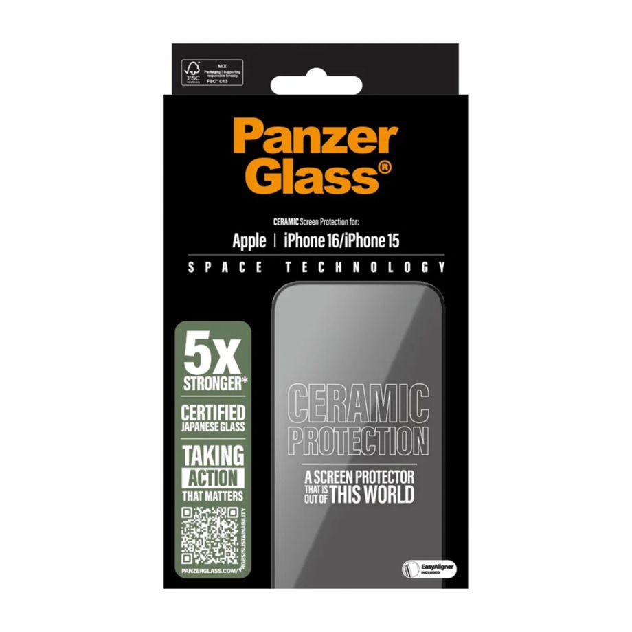 PanzerGlass iPhone 16 / 15 ekrāna aizsargstikls Ceramic Ultra-Wide Fit