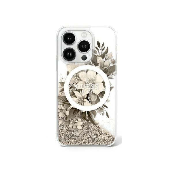 Guess Liquid Glitter Flower MagSafe iPhone 16 Pro Max Case - Beige