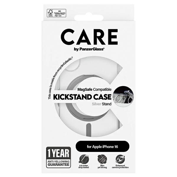 PanzerGlass iPhone 16 vāciņš CARE Feature Kickstand MagSafe, sudraba