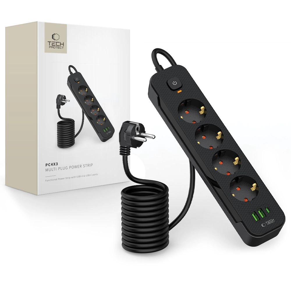 Tech-Protect PCL4X3 Power Strip 4 Sockets + 2xUSB-A + 1xUSB-C 200 cm, Black