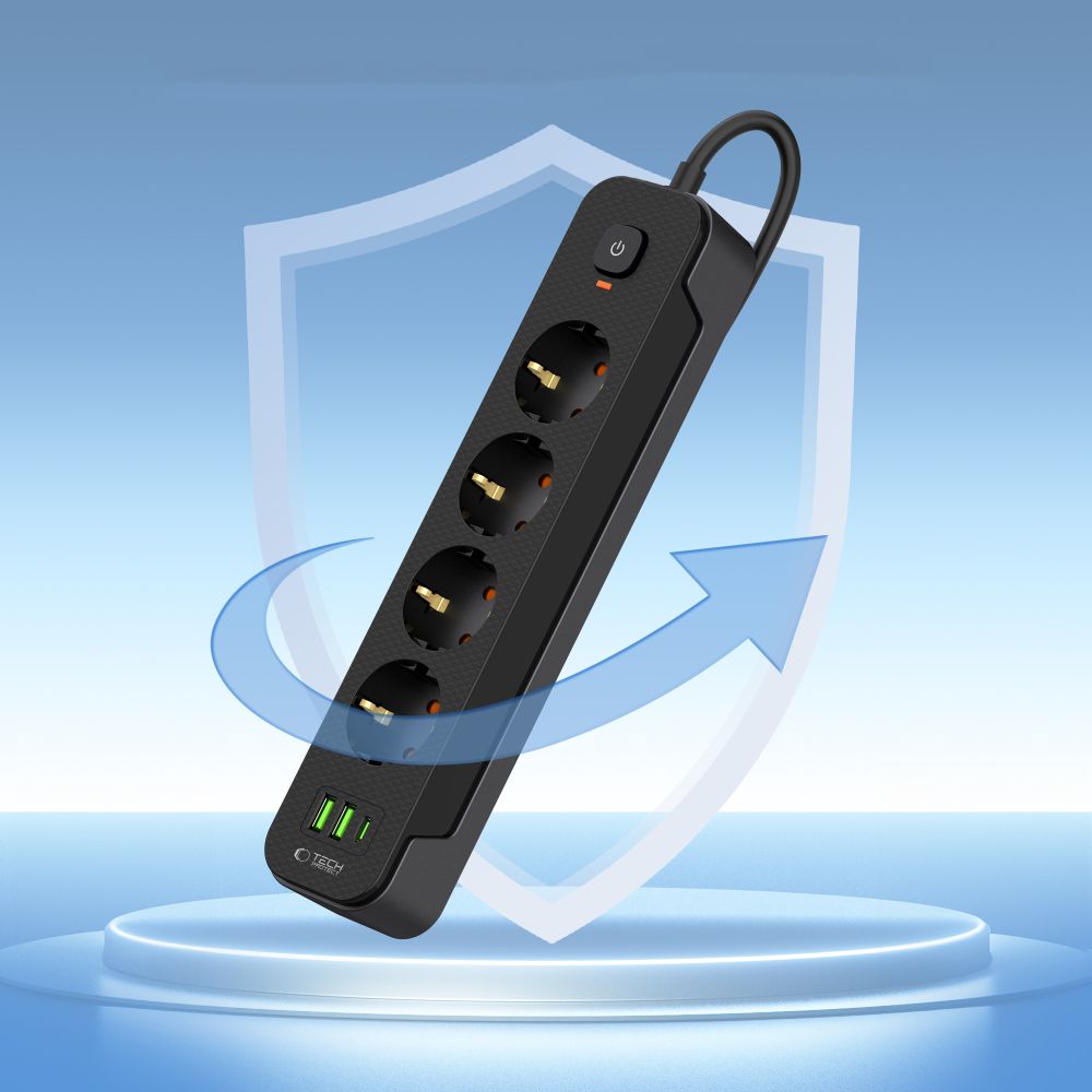 Tech-Protect PCL4X3 pagarinātājs 4 rozetes + 2xUSB-A + 1xUSB-C 200 cm, melns
