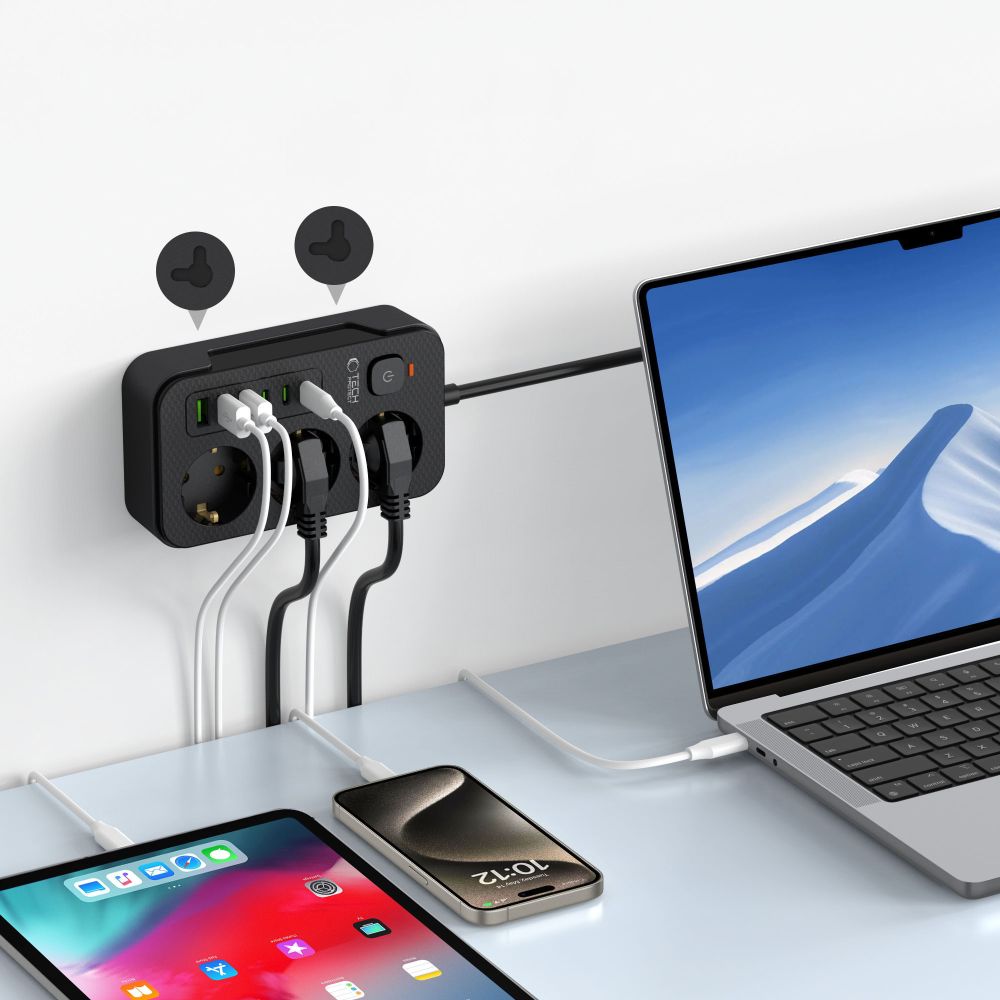 Удлинитель Tech-Protect PC3X6, 3 розетки + 3xUSB-A + 3xUSB-C, 200 см, черный