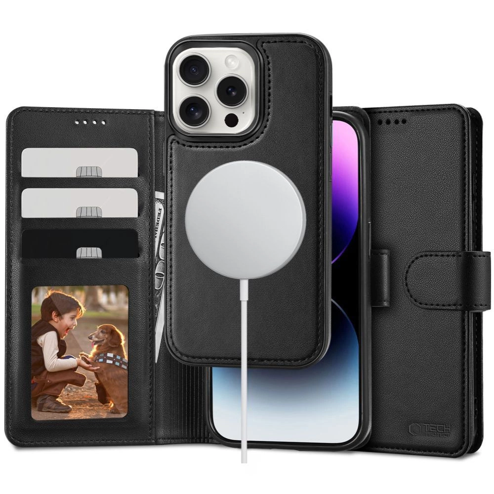 Tech-Protect iPhone 16 Pro atverams vāciņš maciņš grāmatiņa Wallet MagSafe, melns
