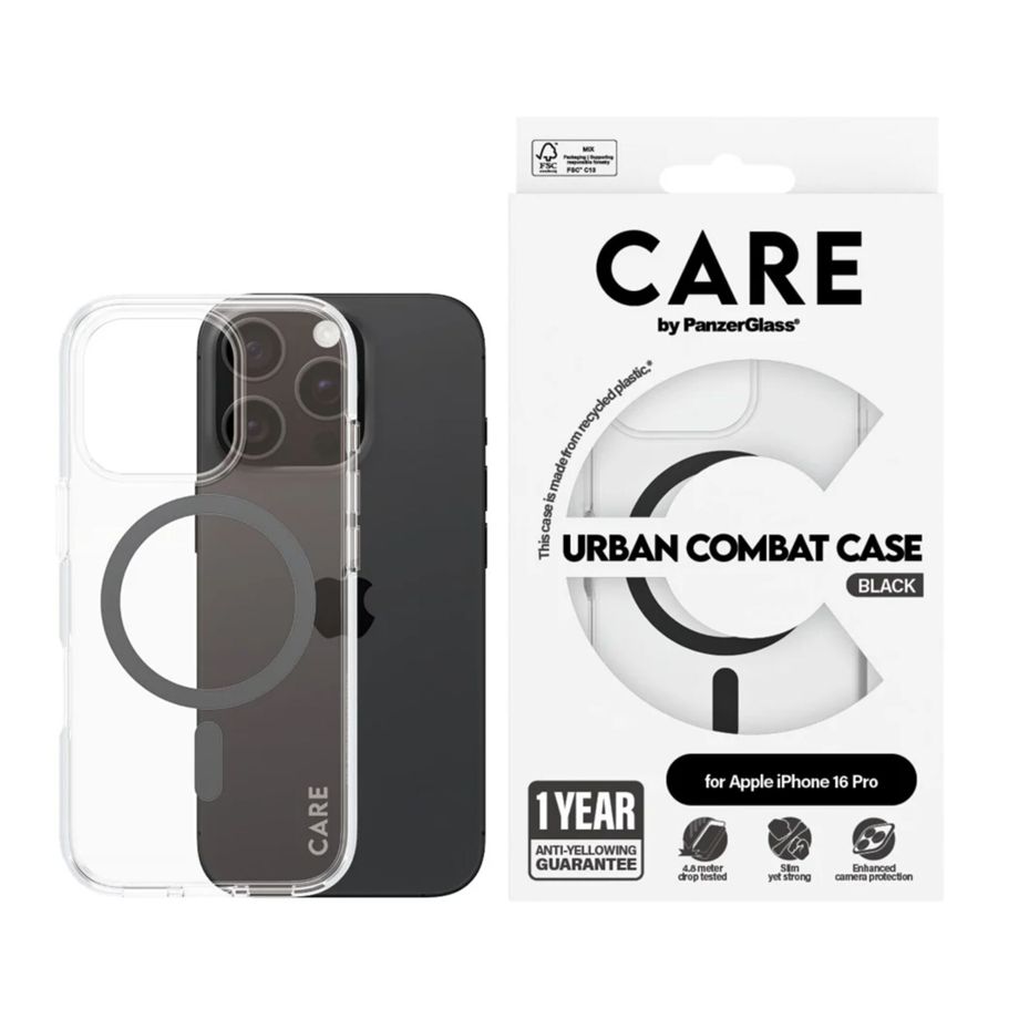 CARE by PanzerGlass Flagship vāciņš iPhone 16 Pro, caurspīdīgs melns MagSafe
