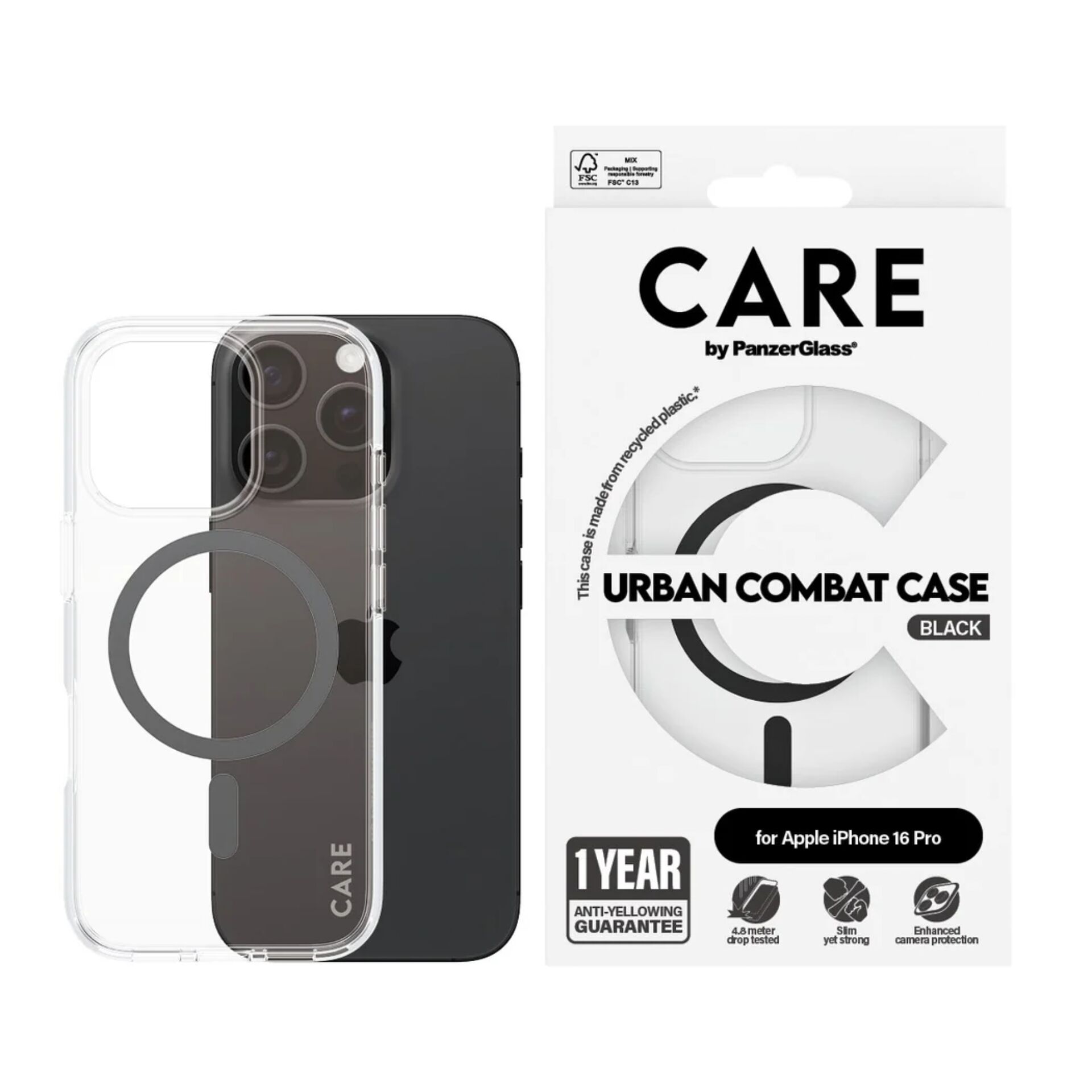 PanzerGlass 1346 CARE Flagship vāciņš iPhone 16 Pro, Caurspīdīgs / Melns