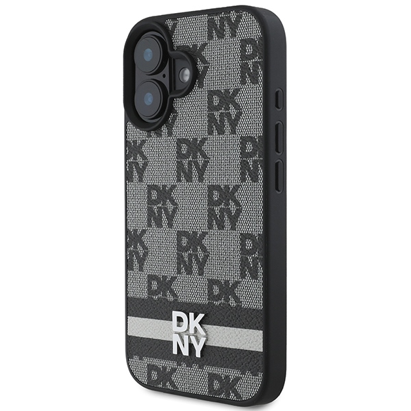DKNY iPhone 16 Case Checkered Pattern & Printed Stripes, Black