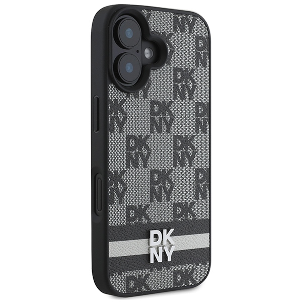 DKNY iPhone 16 Case Checkered Pattern & Printed Stripes, Black