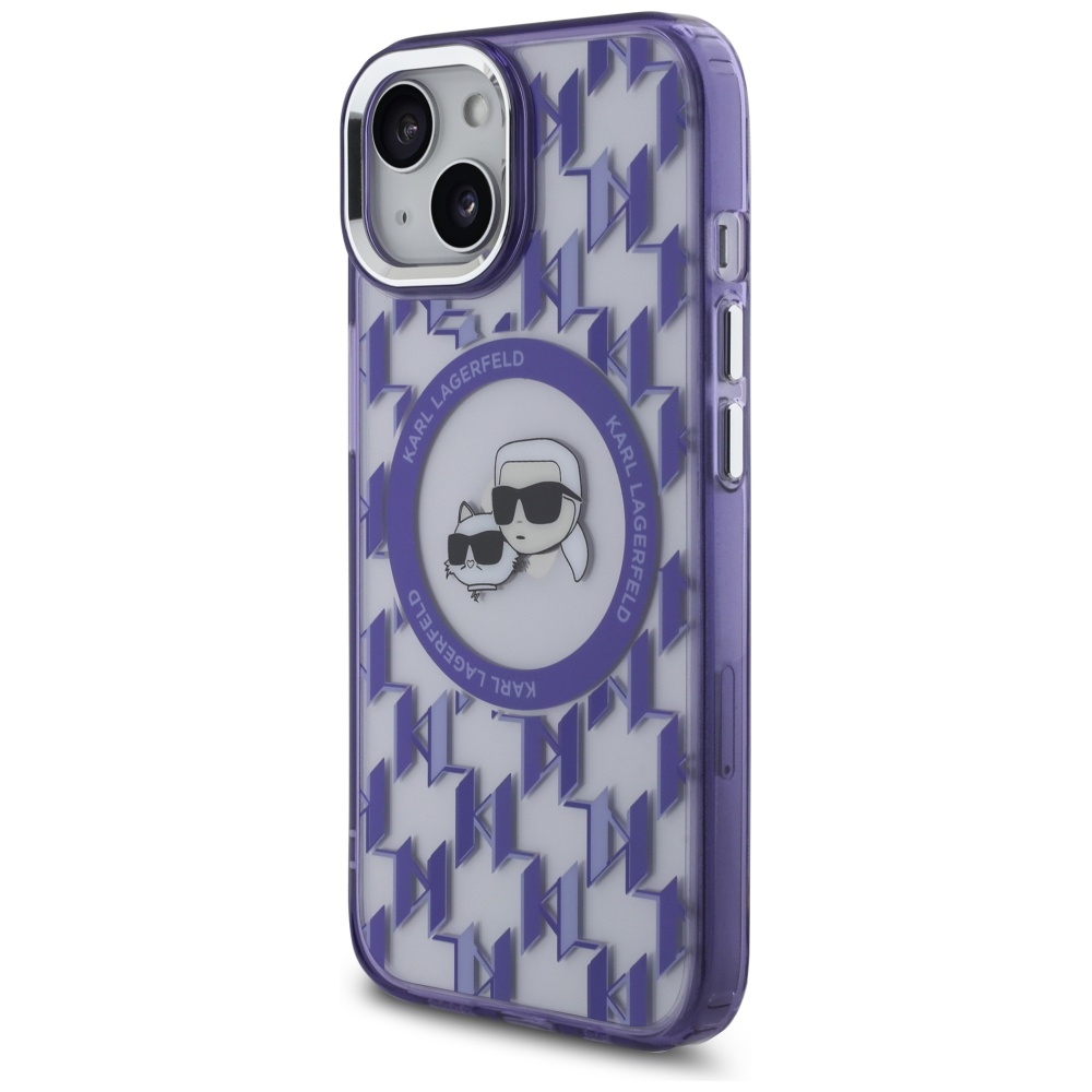 Karl Lagerfeld iPhone 15 vāciņš IML Monogram Karl & Choupette MagSafe, violets