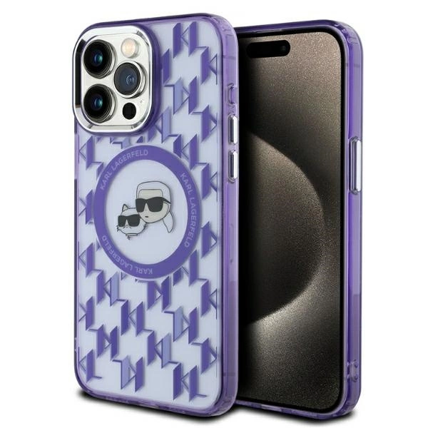 Apple iPhone 15 Pro 6.1'' Karl Lagerfeld IML Monogram Karl & Choupette Head MagSafe Cover Case, Purple