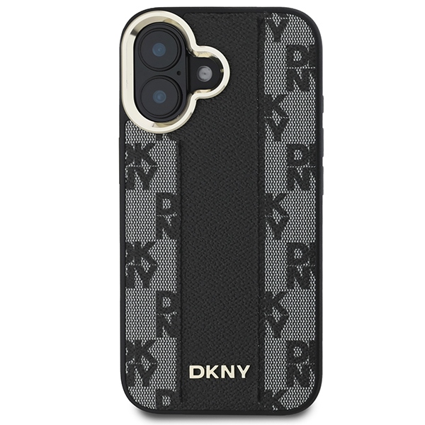 DKNY iPhone 16 vāciņš Leather Checkered Mono Pattern MagSafe, melns
