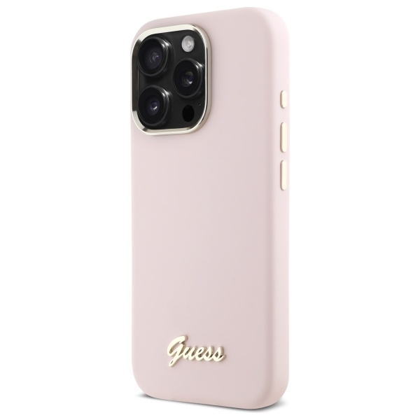 Guess iPhone 16 Pro Max vāciņš Silicone Script Metal Logo & Frame, rozā