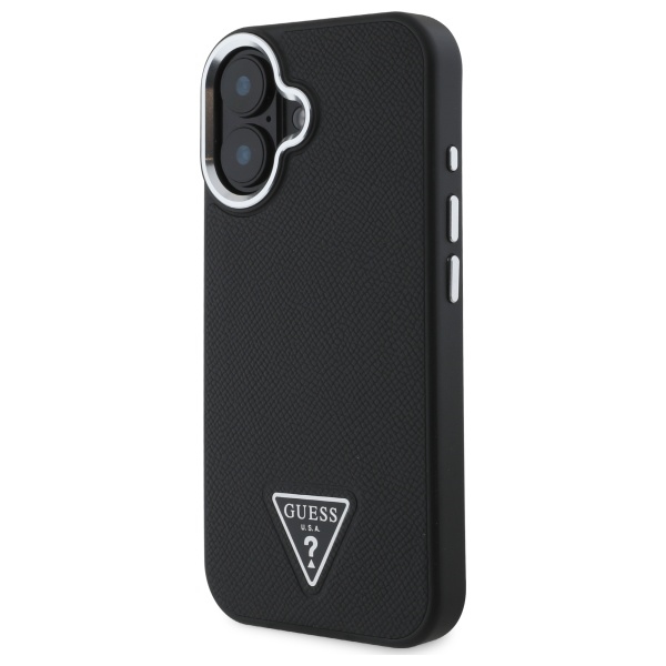 Guess iPhone 16 vāciņš Grained Triangle MagSafe, melns