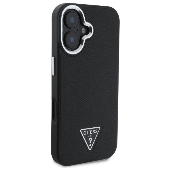 Guess iPhone 16 vāciņš Grained Triangle MagSafe, melns