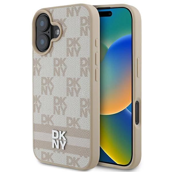 DKNY iPhone 16 vāciņš Checkered Mono Pattern & Printed Stripes, rozā