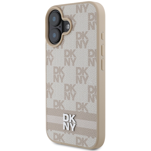 DKNY iPhone 16 vāciņš Checkered Mono Pattern & Printed Stripes, rozā