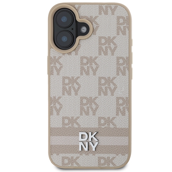 DKNY iPhone 16 vāciņš Checkered Mono Pattern & Printed Stripes, rozā