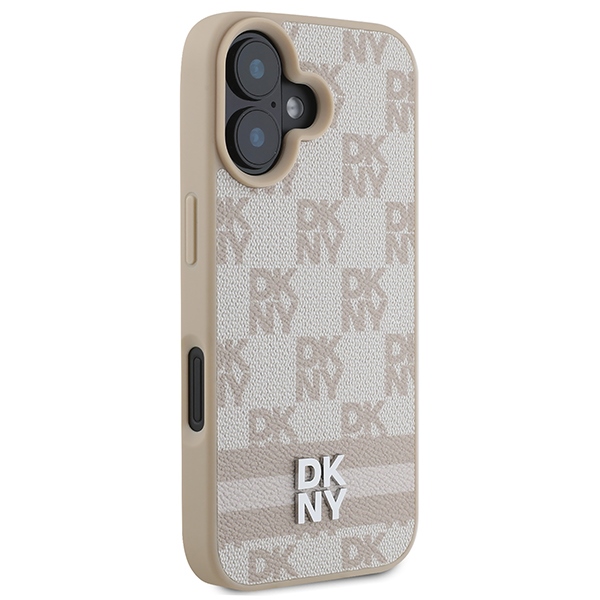 DKNY iPhone 16 vāciņš Checkered Mono Pattern & Printed Stripes, rozā