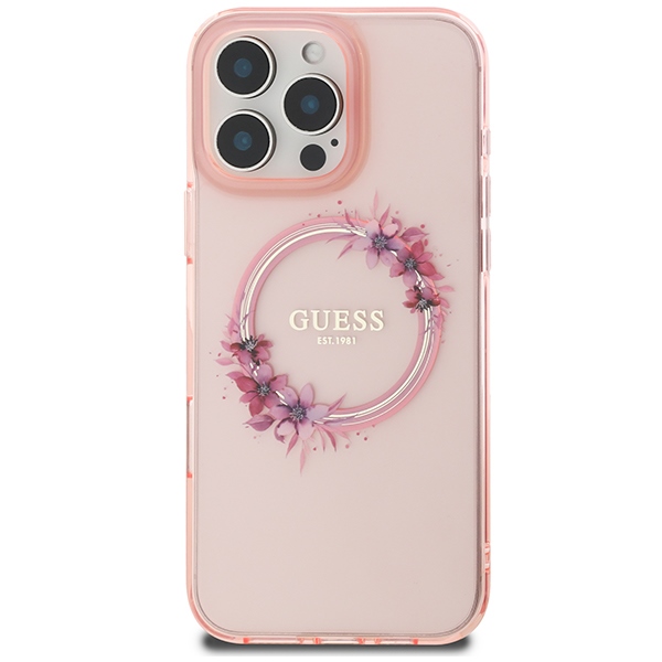 Guess IML ziedu vainags MagSafe iPhone 16 Pro Max futrālis - Rozā krāsā | Flowers Wreath Case Pink