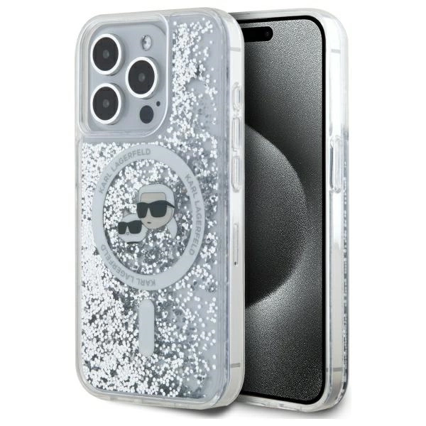 Apple iPhone 15 Pro Max 6.7'' Karl Lagerfeld Liquid Glitter Karl & Choupette Head Magsafe Cover Case, Clear