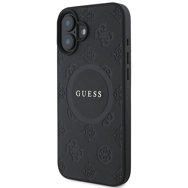 Guess iPhone 16 vāciņš Saffiano Peony Classic Logo MagSafe, melns