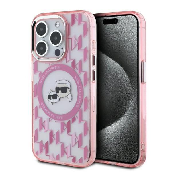 Apple iPhone 15 Pro Max 6.7'' Karl Lagerfeld IML Monogram Karl & Choupette Head MagSafe Cover Case, Pink
