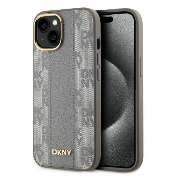 Чехол DKNY для iPhone 14 Leather Checkered Mono Pattern MagSafe, бежевый