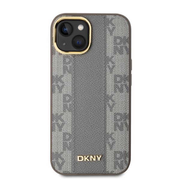 DKNY iPhone 14 Case Leather Checkered Mono Pattern MagSafe, Beige
