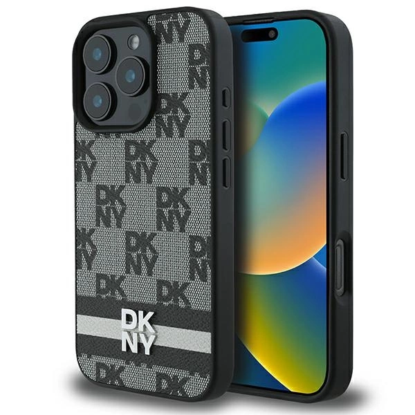 DKNY iPhone 16 Pro Case Checkered Pattern & Printed Stripes, Black