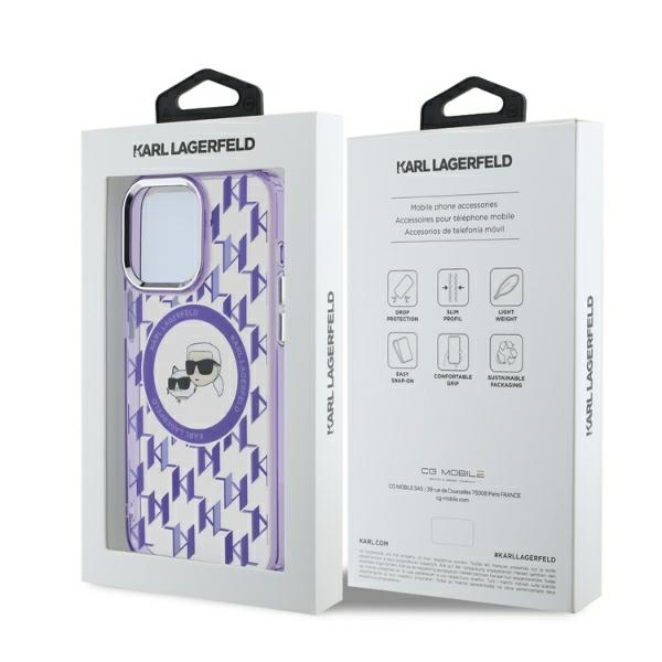 Karl Lagerfeld iPhone 15 Pro Max vāciņš IML Monogram Karl & Choupette MagSafe, violets